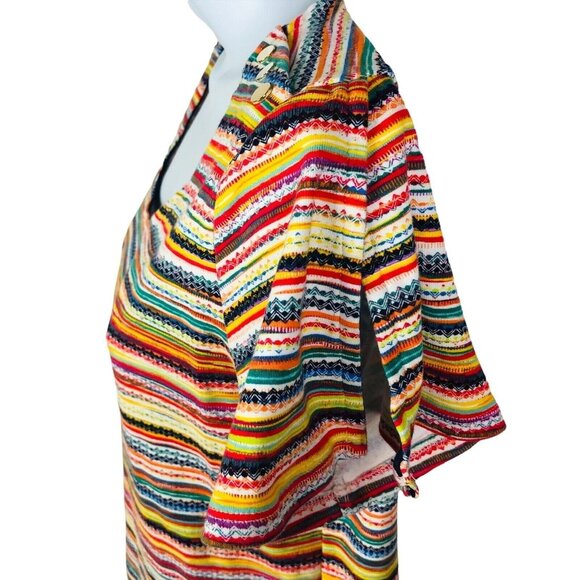 Rafaella Top Size L Large Slit on Short Sleeves Multi Color Stripes Buttons - Picture 7 of 13